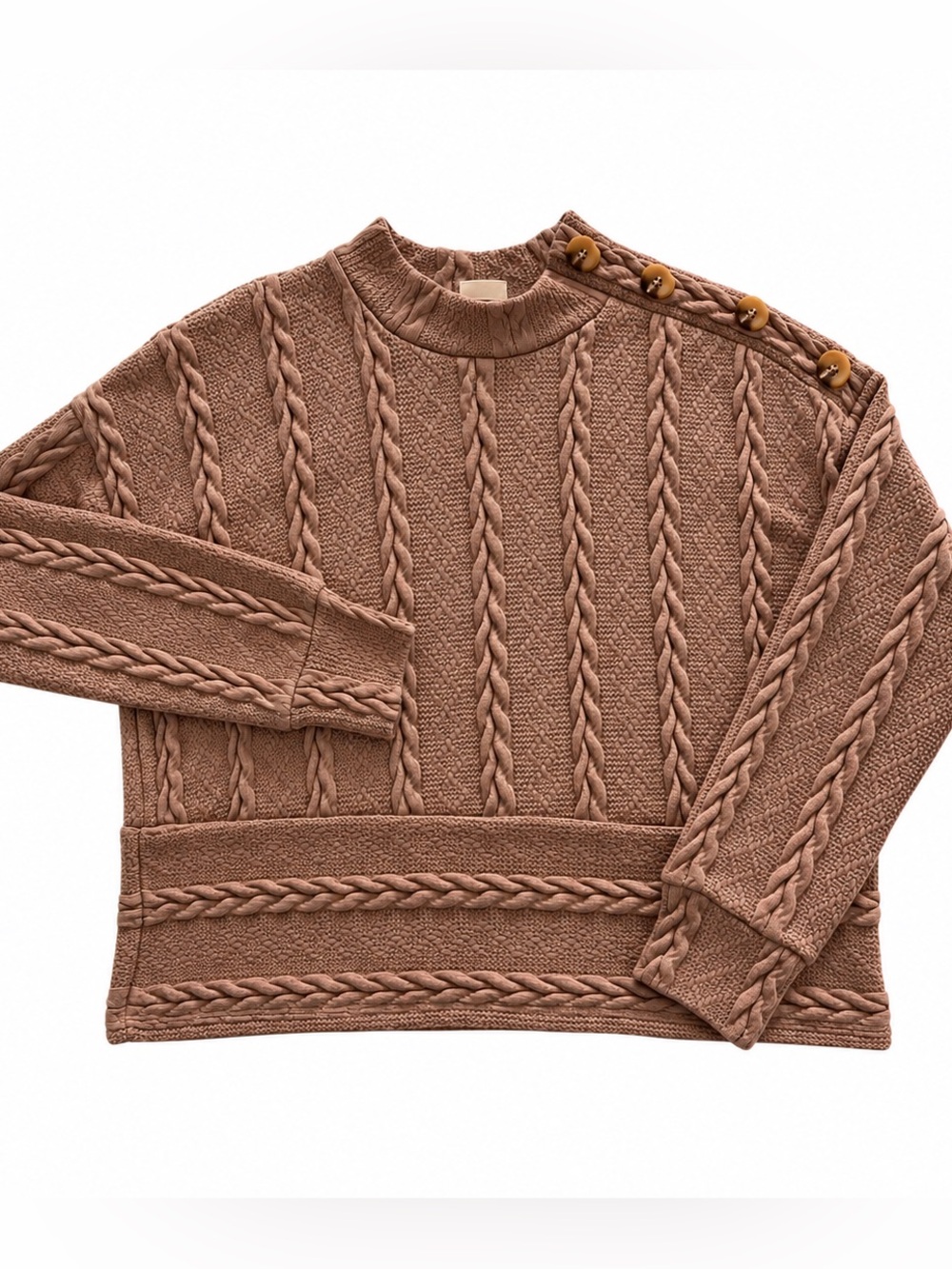 Women’s Brown Cable Knit Mock Neck Sweater Shoulder Button Boho Cottagecore